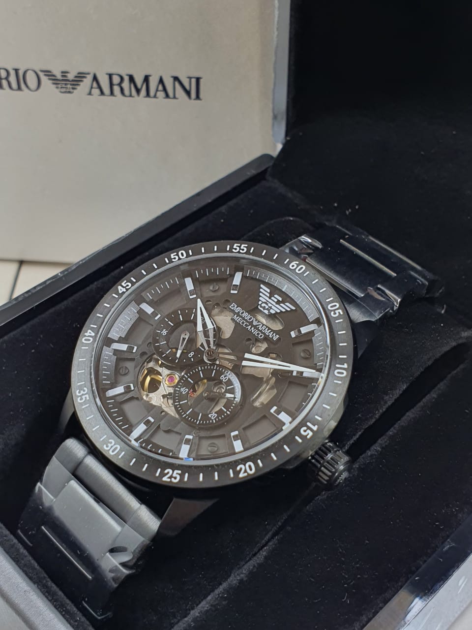  Shop Authentic Emporio Armani Meccanico Automatic Black Dial Black Steel Strap Watch For Men - AR60054 - Luxxuri