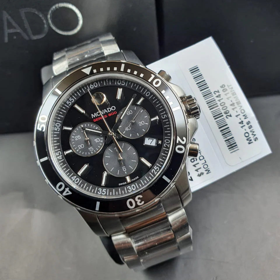  Shop Authentic Movado Series 800 Chronograph Black Dial Silver Steel Strap Watch For Men - 2600142 - Luxxuri