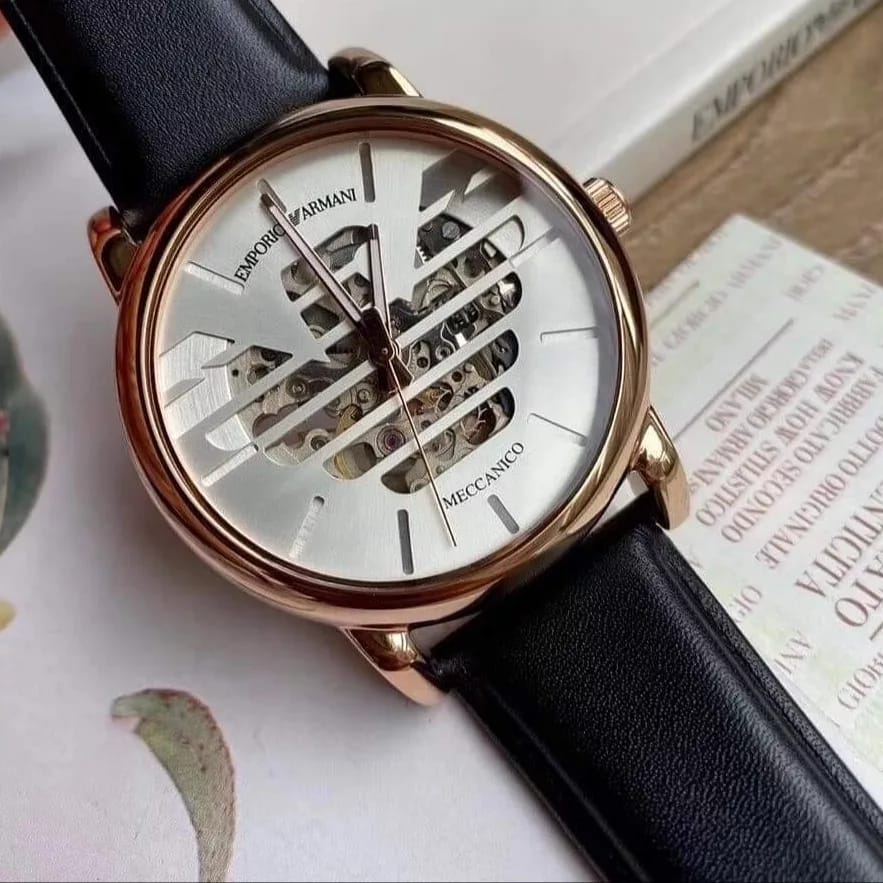  Shop Authentic Emporio Armani Meccanico Skeleton Silver Dial Black Leather Strap Watch For Men - AR60031 - Luxxuri