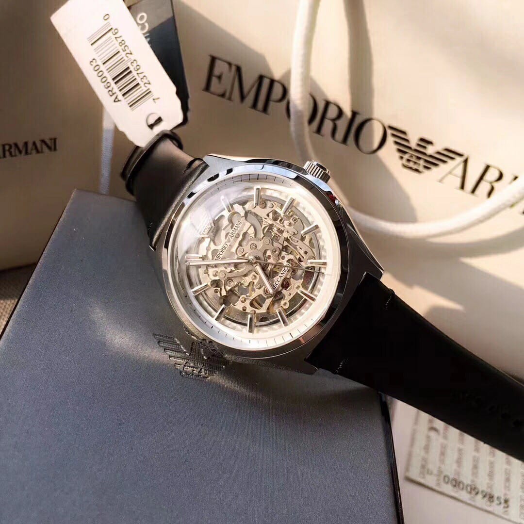  Shop Authentic Emporio Armani Meccanico White Skeleton Dial Black Leather Strap Watch For Men - AR60003 - Luxxuri
