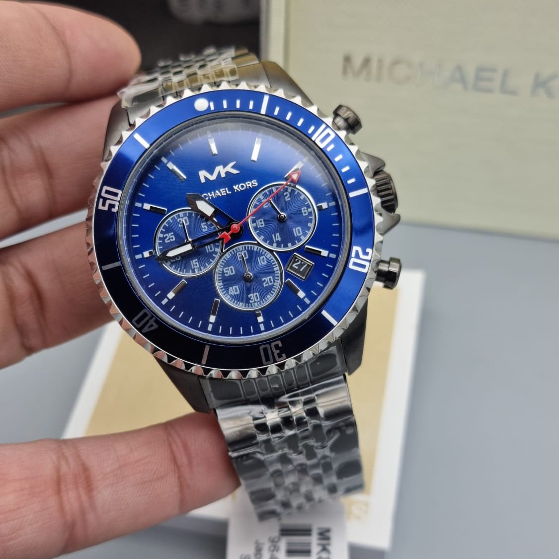  Shop Authentic Michael Kors Bayville Chronograph Blue Dial Grey Steel Strap Watch For Men - MK8727 - Luxxuri
