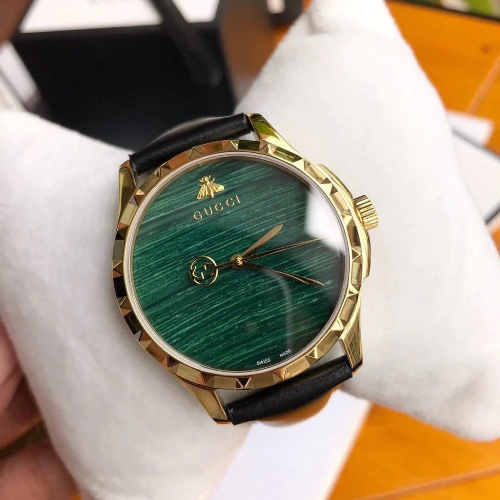  Shop Authentic Gucci Le Marche Des Merveilles Quartz Green Dial Black Leather Strap Watch For Women - YA126463 - Luxxuri