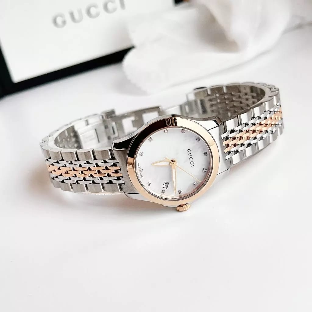  Shop Authentic Gucci G Timeless Diamonds Mother of Pearl Dial Two Tone Mesh Bracelet Watch For Women - YA126514 - Luxxuri