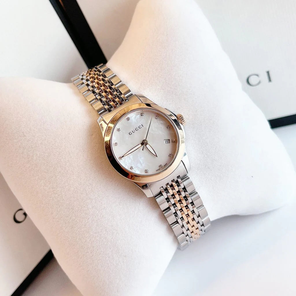  Shop Authentic Gucci G Timeless Diamonds Mother of Pearl Dial Two Tone Mesh Bracelet Watch For Women - YA126514 - Luxxuri