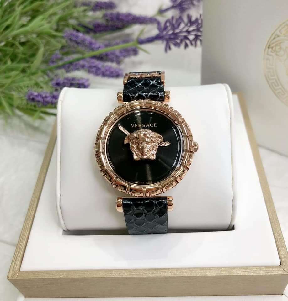  Shop Authentic Versace Palazzo Empire Greca Black Dial Black Leather Strap Watch for Women - VEDV00719 - Luxxuri