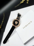  Shop Authentic Versace Palazzo Empire Greca Black Dial Black Leather Strap Watch for Women - VEDV00719 - Luxxuri