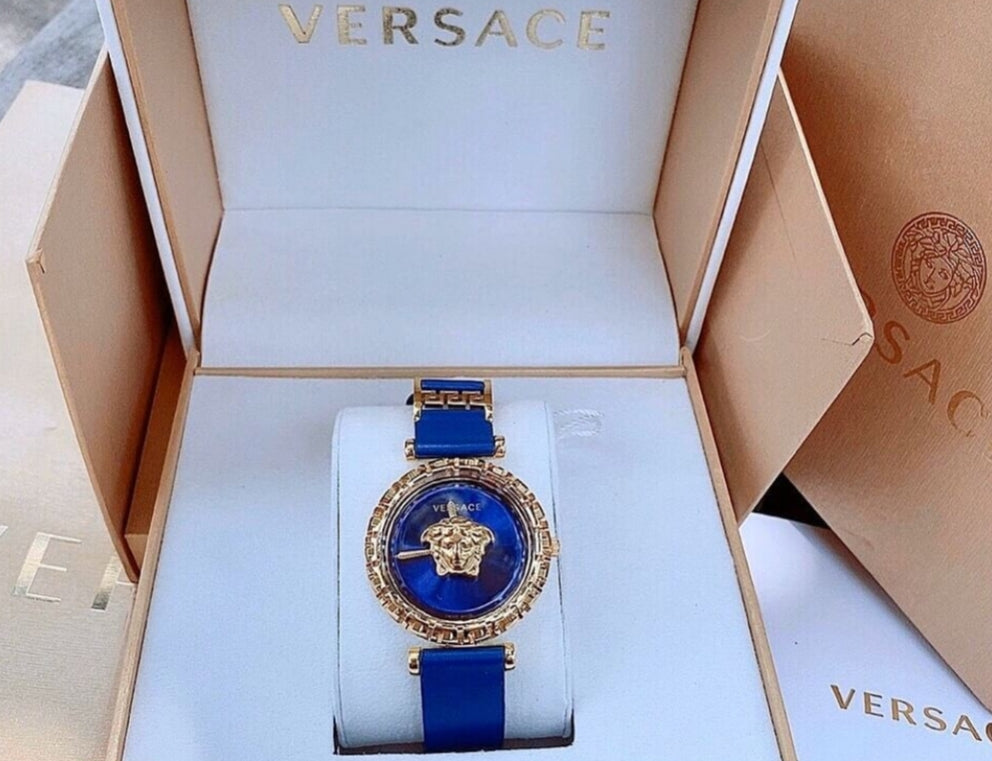  Shop Authentic Versace Palazzo Empire Greca Quartz Blue Dial Blue Leather Strap Watch for Women - VEDV00219 - Luxxuri