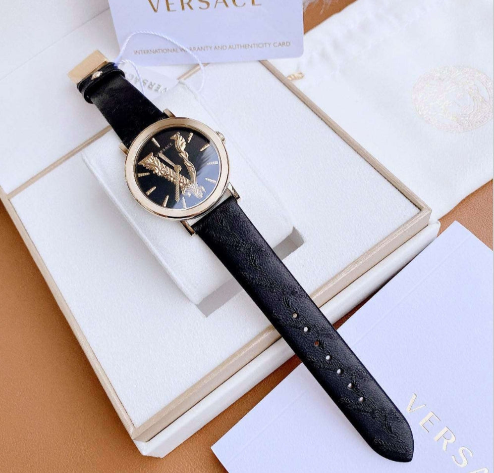  Shop Authentic Versace Virtus Quartz Black Dial Black Leather Strap Watch for Women - VEHC00119 - Luxxuri