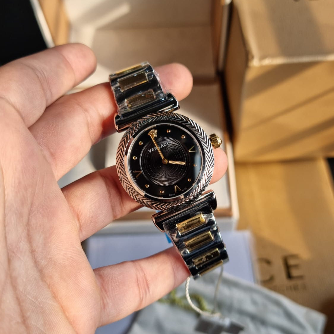  Shop Authentic Versace V-Motif Black Dial Two Tone Steel Strap Watch for Women - VERE00518 - Luxxuri