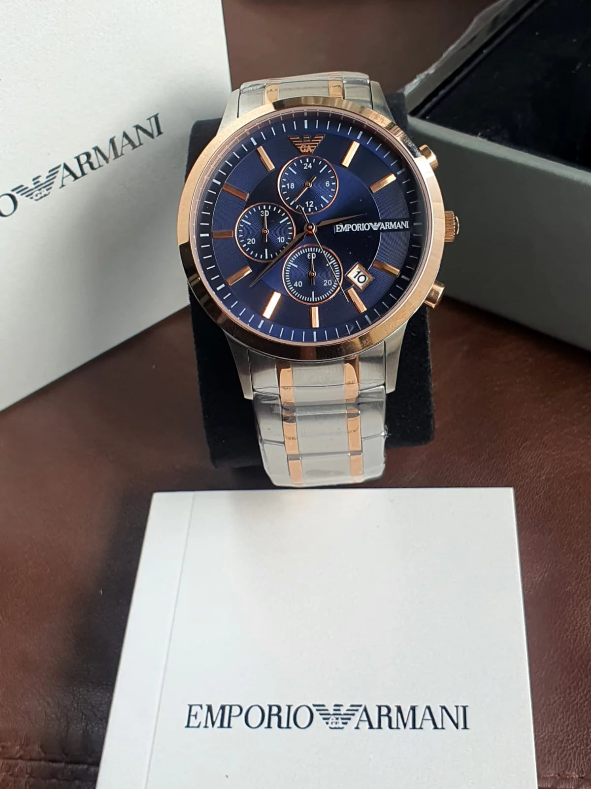  Shop Authentic Emporio Armani Renato Chronograph Blue Dial Two Tone Steel Strap Watch For Men - AR80025 - Luxxuri