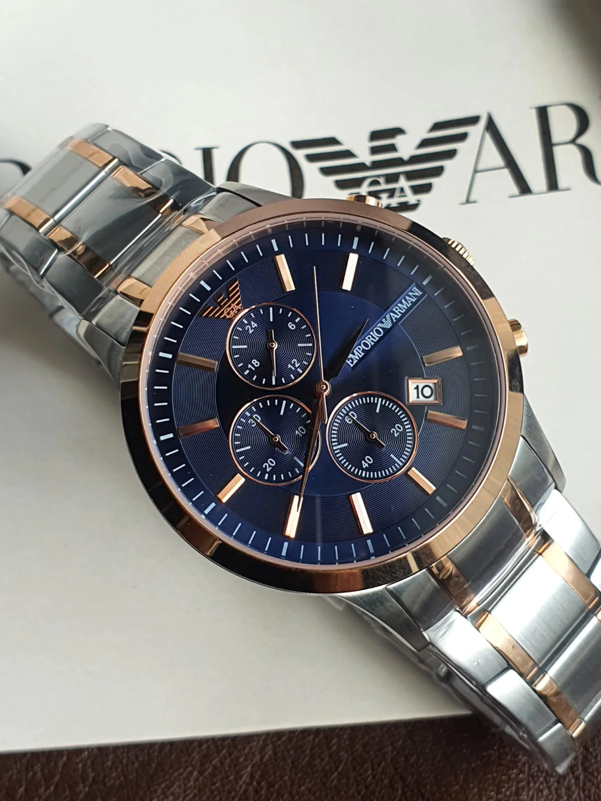  Shop Authentic Emporio Armani Renato Chronograph Blue Dial Two Tone Steel Strap Watch For Men - AR80025 - Luxxuri
