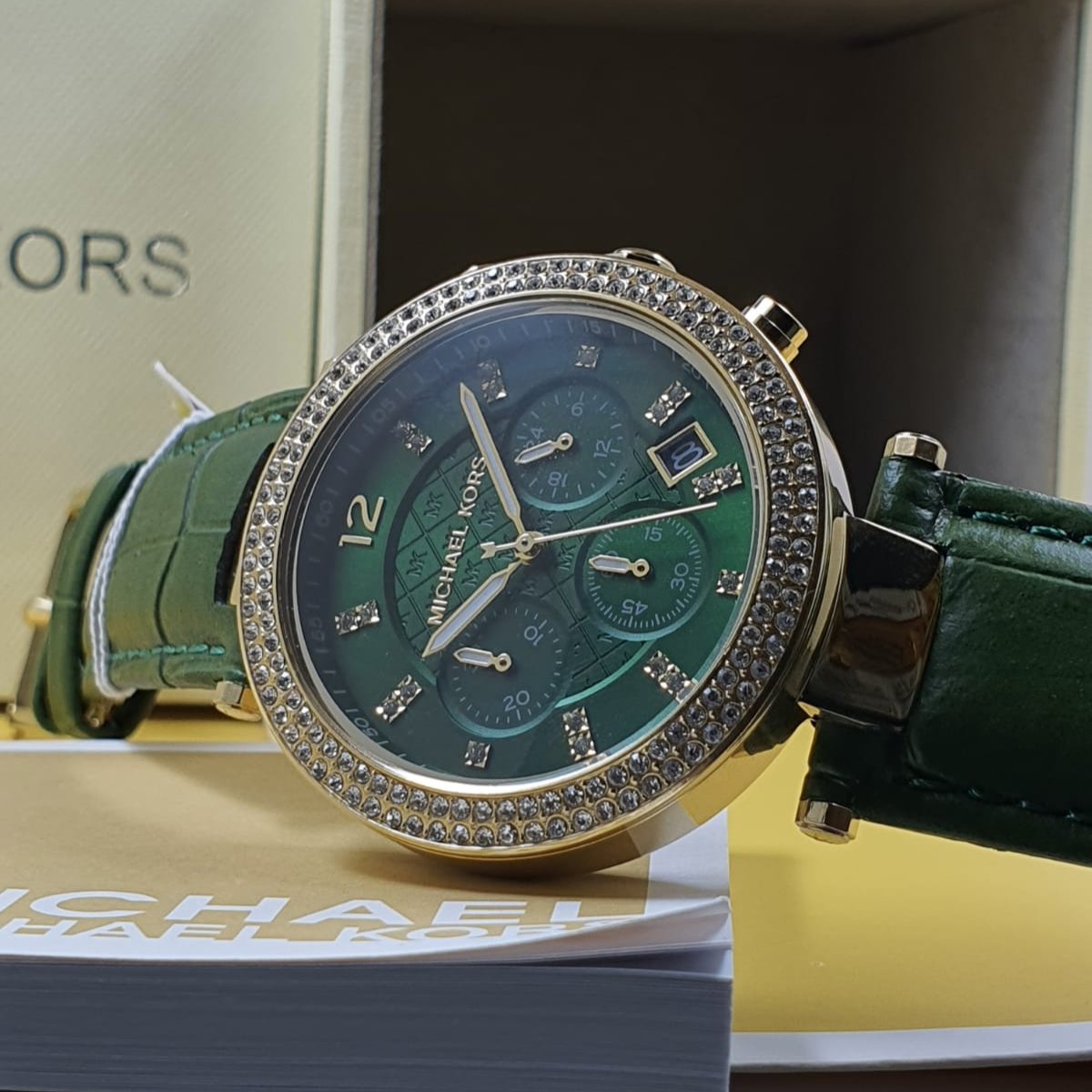  Shop Authentic Michael Kors Parker Chronograph Green Dial Green Leather Strap Watch For Women - MK6985 - Luxxuri