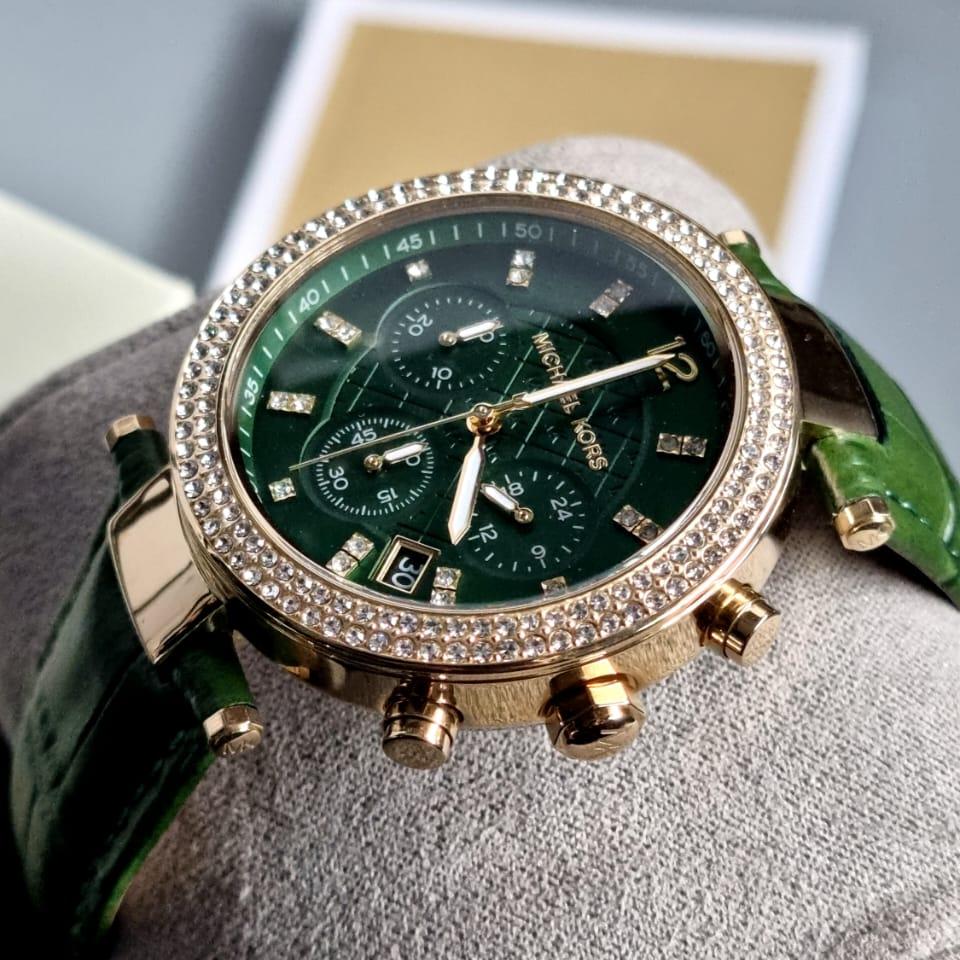  Shop Authentic Michael Kors Parker Chronograph Green Dial Green Leather Strap Watch For Women - MK6985 - Luxxuri