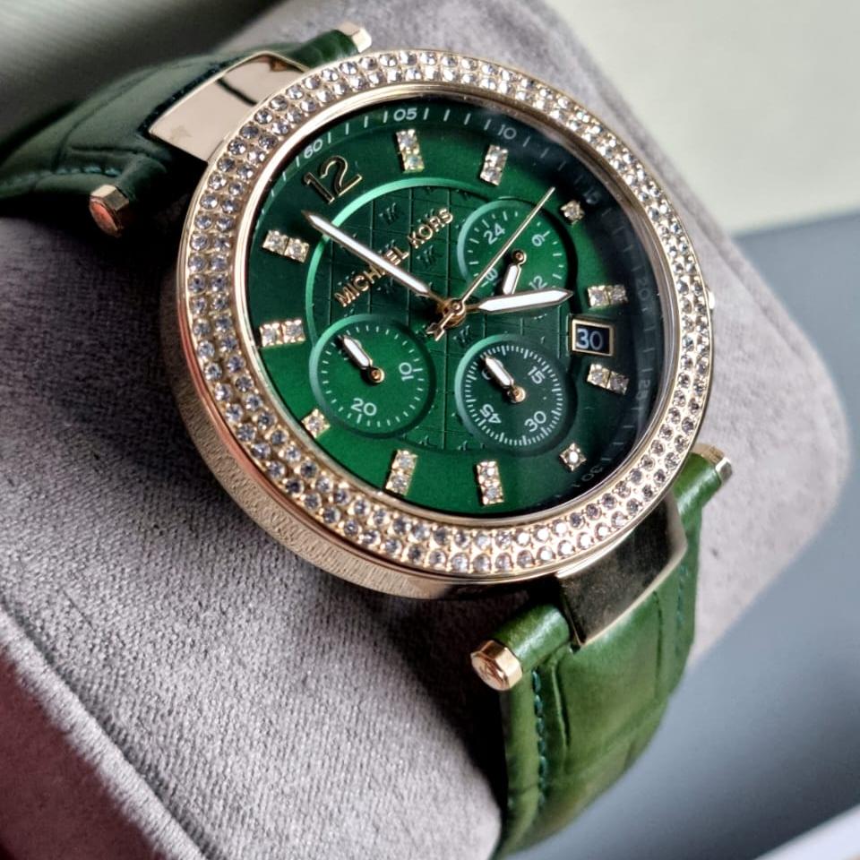  Shop Authentic Michael Kors Parker Chronograph Green Dial Green Leather Strap Watch For Women - MK6985 - Luxxuri