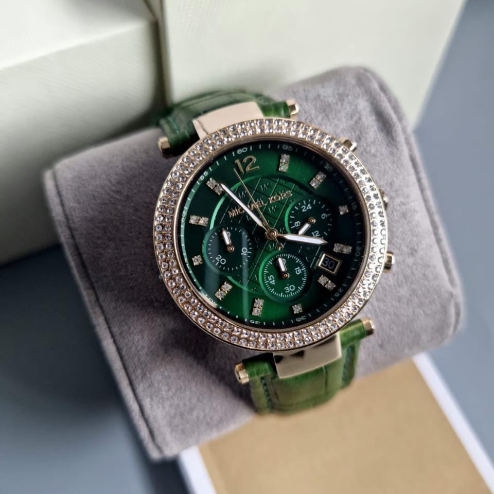  Shop Authentic Michael Kors Parker Chronograph Green Dial Green Leather Strap Watch For Women - MK6985 - Luxxuri