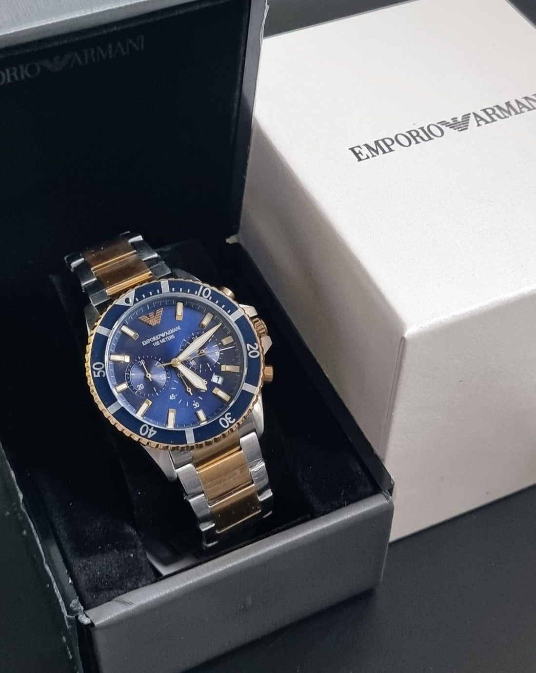  Shop Authentic Emporio Armani Mario Chronograph Blue Dial Two Tone Steel Strap Watch For Men - AR11362 - Luxxuri