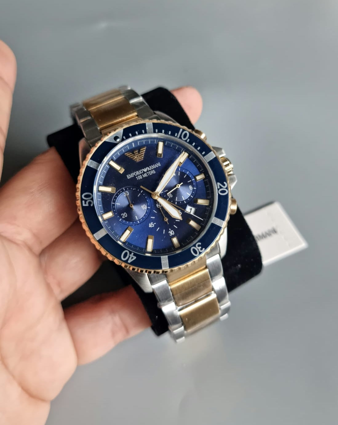  Shop Authentic Emporio Armani Mario Chronograph Blue Dial Two Tone Steel Strap Watch For Men - AR11362 - Luxxuri