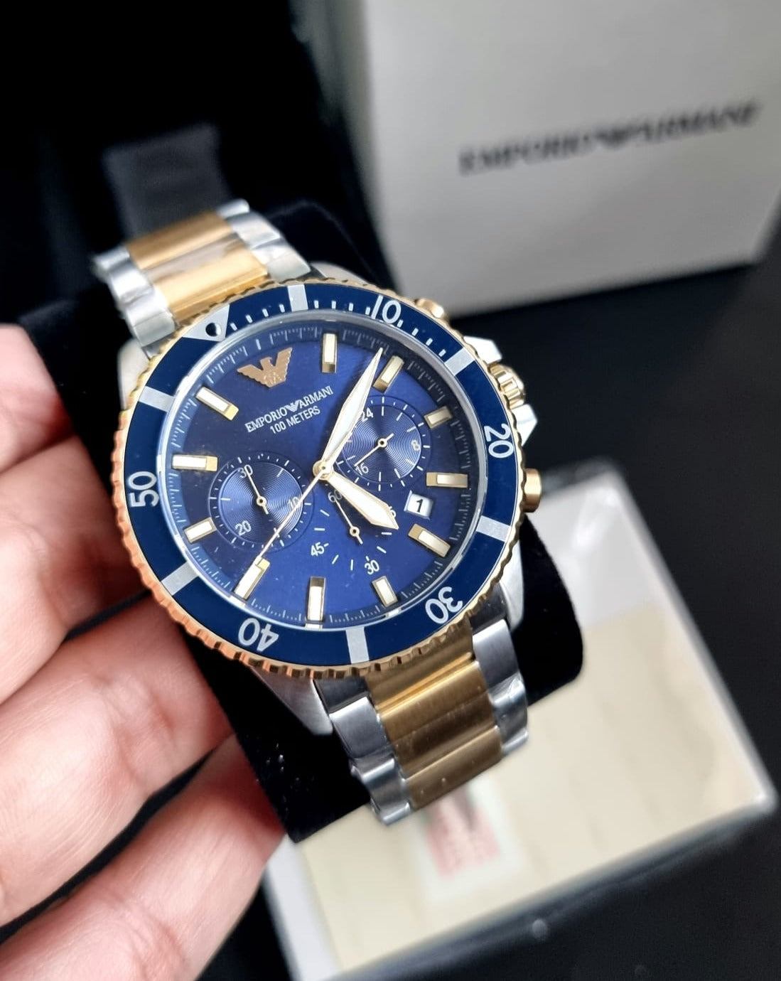  Shop Authentic Emporio Armani Mario Chronograph Blue Dial Two Tone Steel Strap Watch For Men - AR11362 - Luxxuri