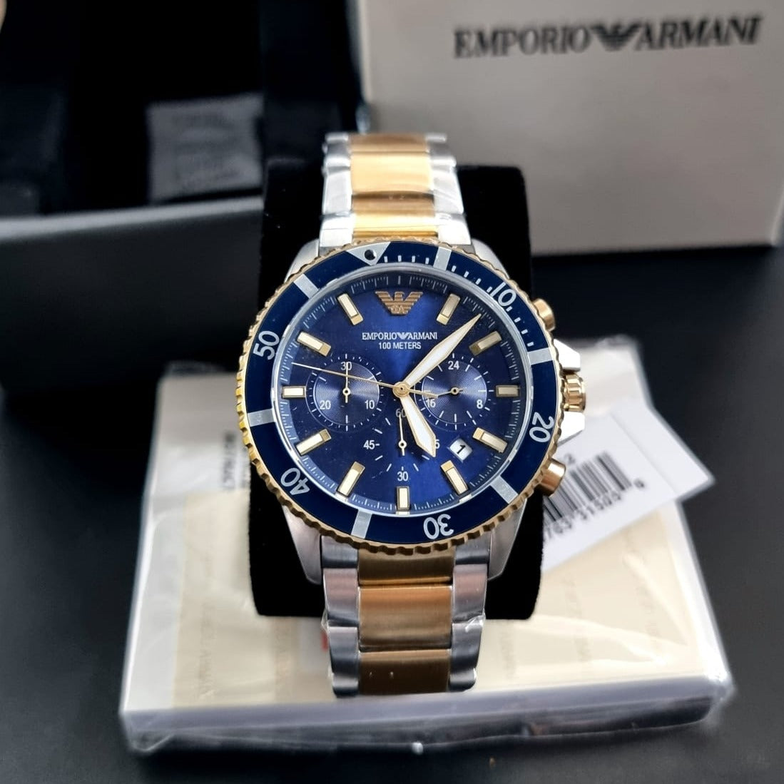  Shop Authentic Emporio Armani Mario Chronograph Blue Dial Two Tone Steel Strap Watch For Men - AR11362 - Luxxuri