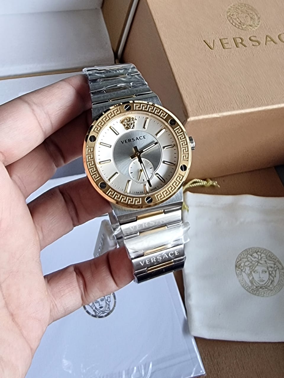  Shop Authentic Versace Greca Silver Dial Two Tone Steel Strap Watch for Men - VEVI00320 - Luxxuri