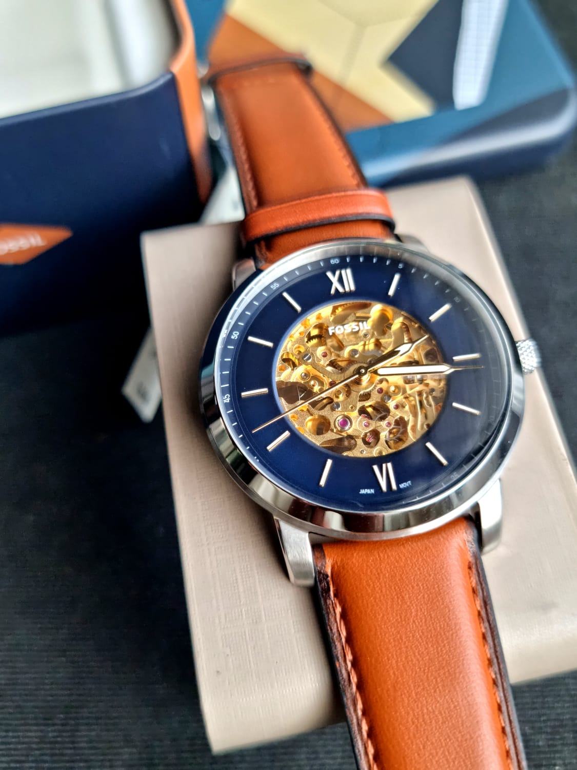  Shop Authentic Fossil Neutra Automatic Luggage Skeleton Blue Dial Brown Leather Strap Watch for Men - ME3160 - Luxxuri