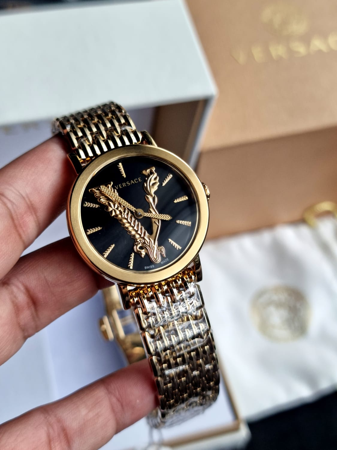  Shop Authentic Versace Virtus Quartz Black Dial Gold Steel Strap Watch for Women - VEHC00619 - Luxxuri