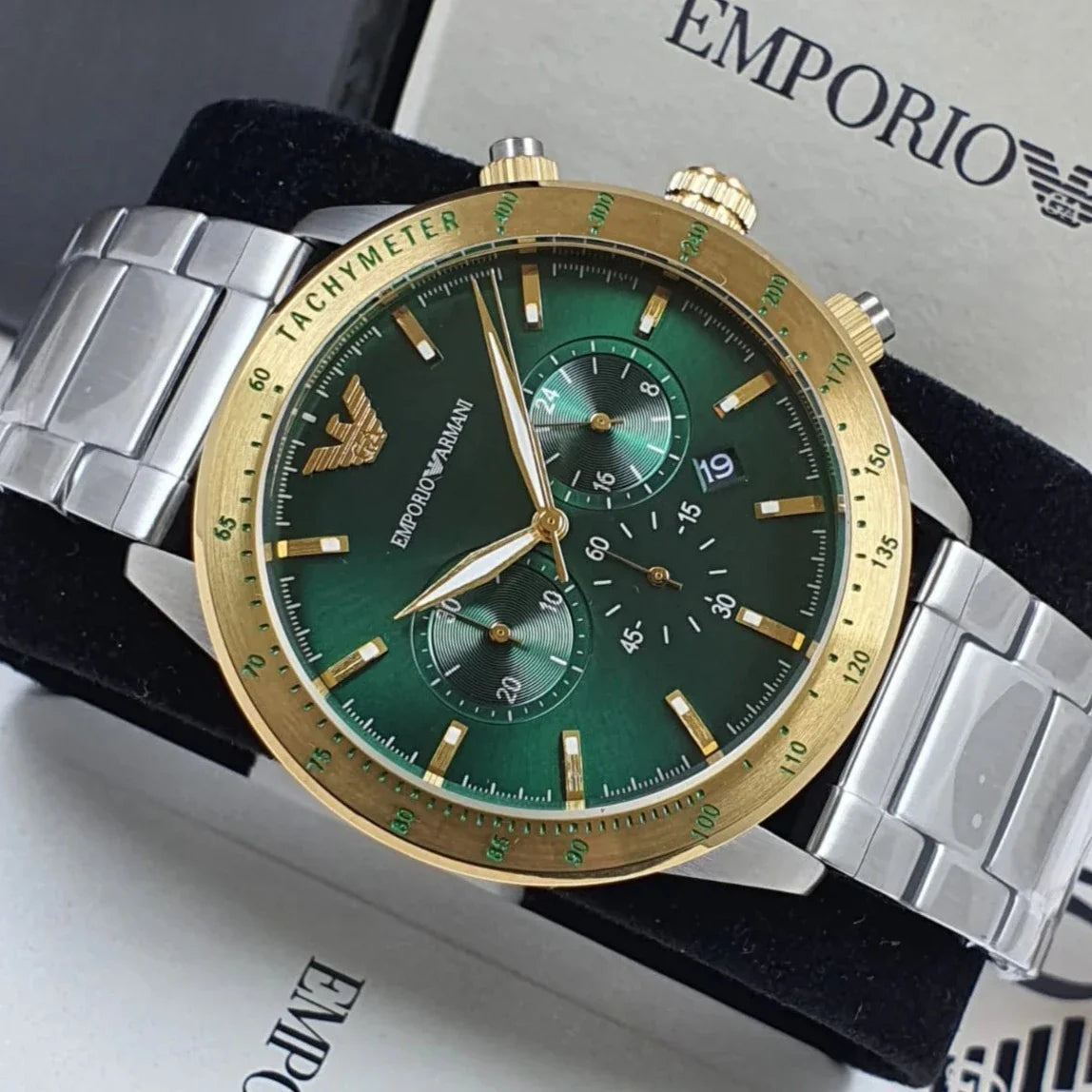  Shop Authentic Emporio Armani Mario Chronograph Green Dial Silver Steel Strap Watch For Men - AR11454 - Luxxuri