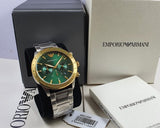  Shop Authentic Emporio Armani Mario Chronograph Green Dial Silver Steel Strap Watch For Men - AR11454 - Luxxuri
