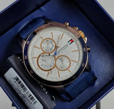  Shop Authentic Tommy Hilfiger Bank Multifunction Quartz White Dial Blue Rubber Strap Watch for Men - 1791778 - Luxxuri