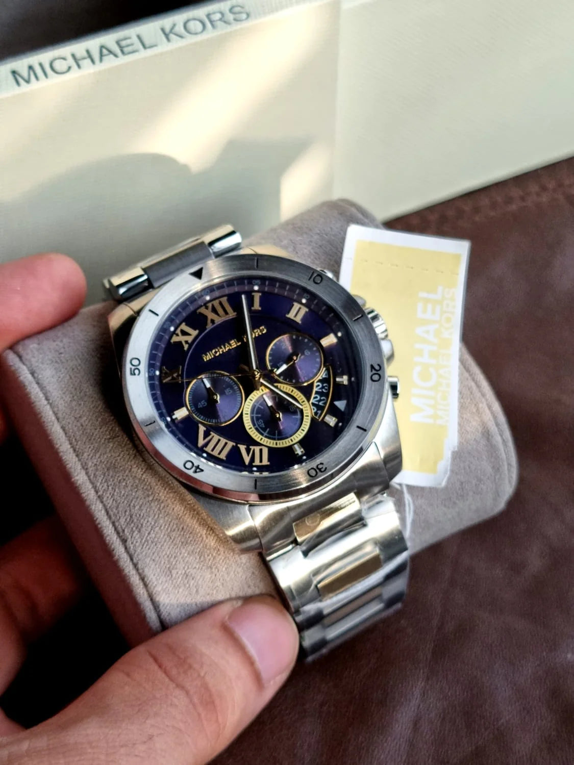  Shop Authentic Michael Kors Brecken Chronograph Blue Dial Two Tone Steel Strap Watch For Men - MK8437 - Luxxuri