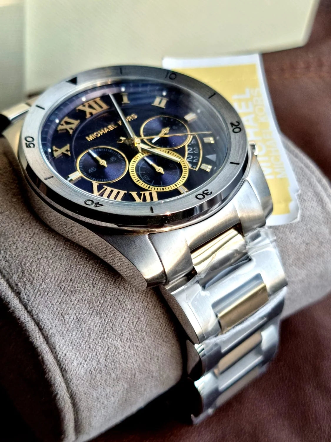  Shop Authentic Michael Kors Brecken Chronograph Blue Dial Two Tone Steel Strap Watch For Men - MK8437 - Luxxuri