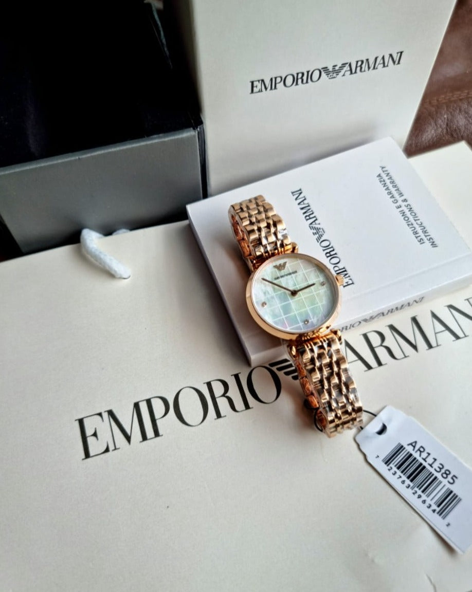  Shop Authentic Emporio Armani Gianni T Bar Quartz Mother of Pearl Dial Rose Gold Steel Strap Watch For Women - AR11385 - Luxxuri