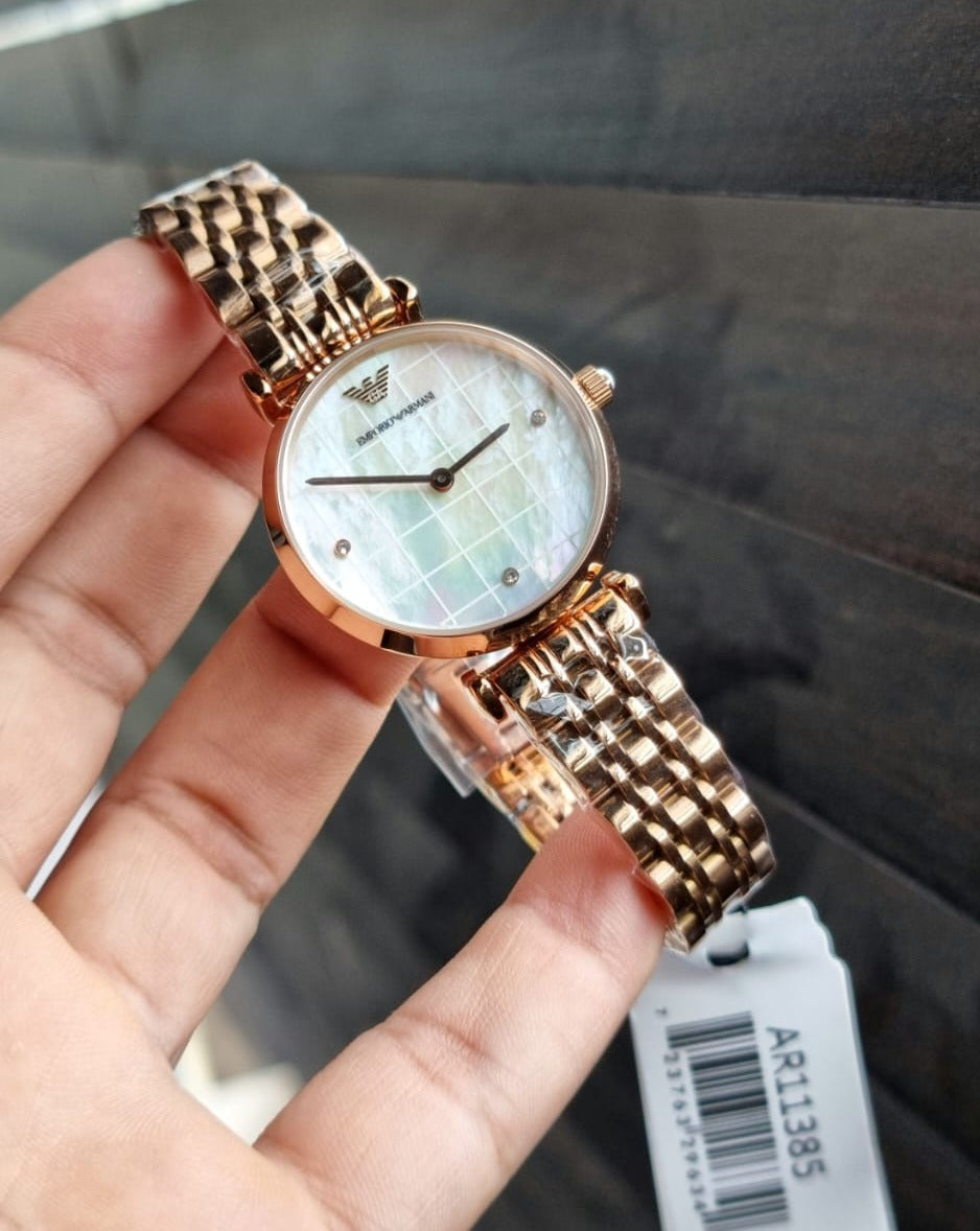  Shop Authentic Emporio Armani Gianni T Bar Quartz Mother of Pearl Dial Rose Gold Steel Strap Watch For Women - AR11385 - Luxxuri