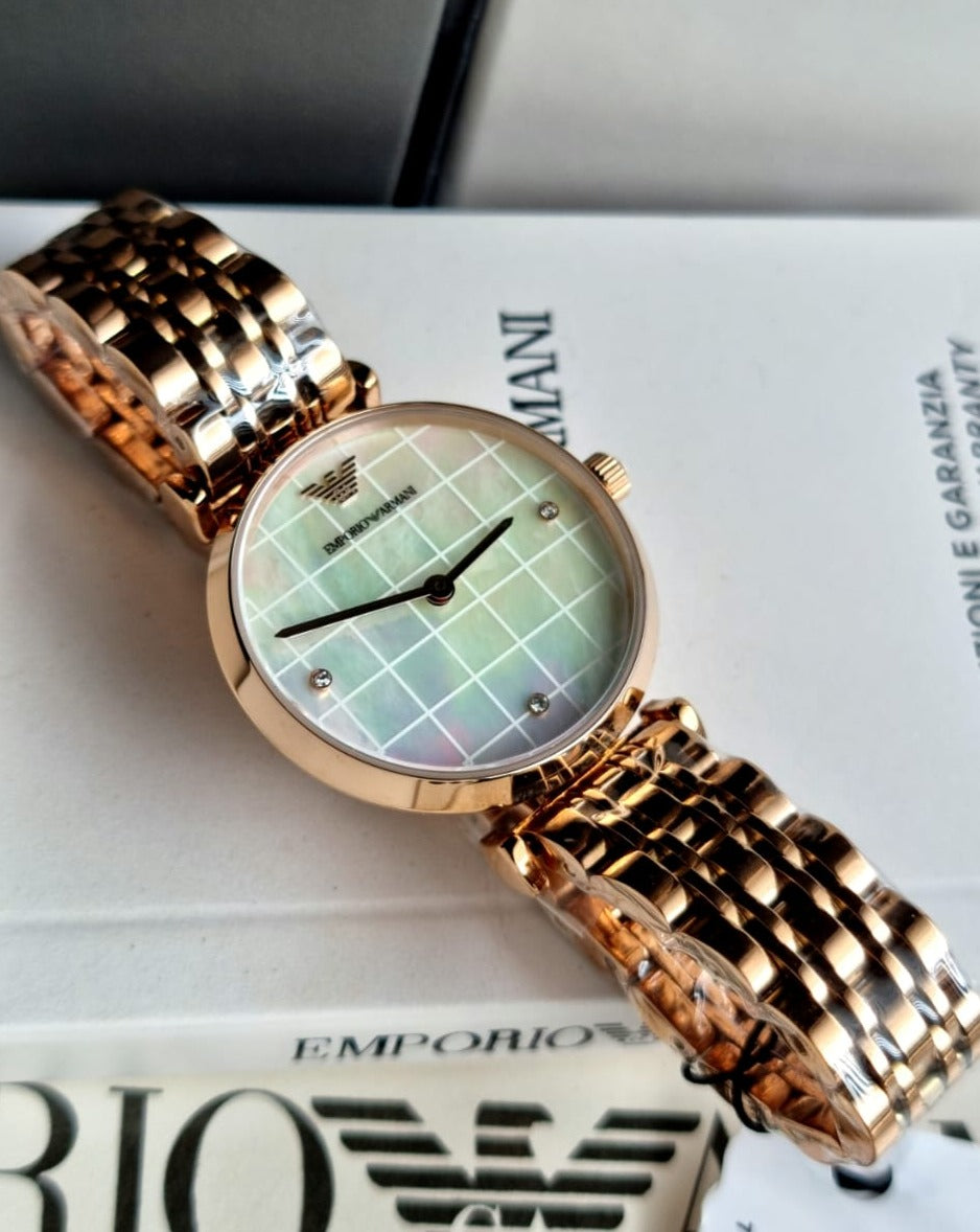  Shop Authentic Emporio Armani Gianni T Bar Quartz Mother of Pearl Dial Rose Gold Steel Strap Watch For Women - AR11385 - Luxxuri
