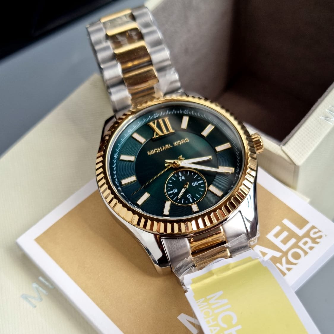  Shop Authentic Michael Kors Lexington Quartz Green Dial Two Tone Steel Strap Watch For Men - MK9063 - Luxxuri