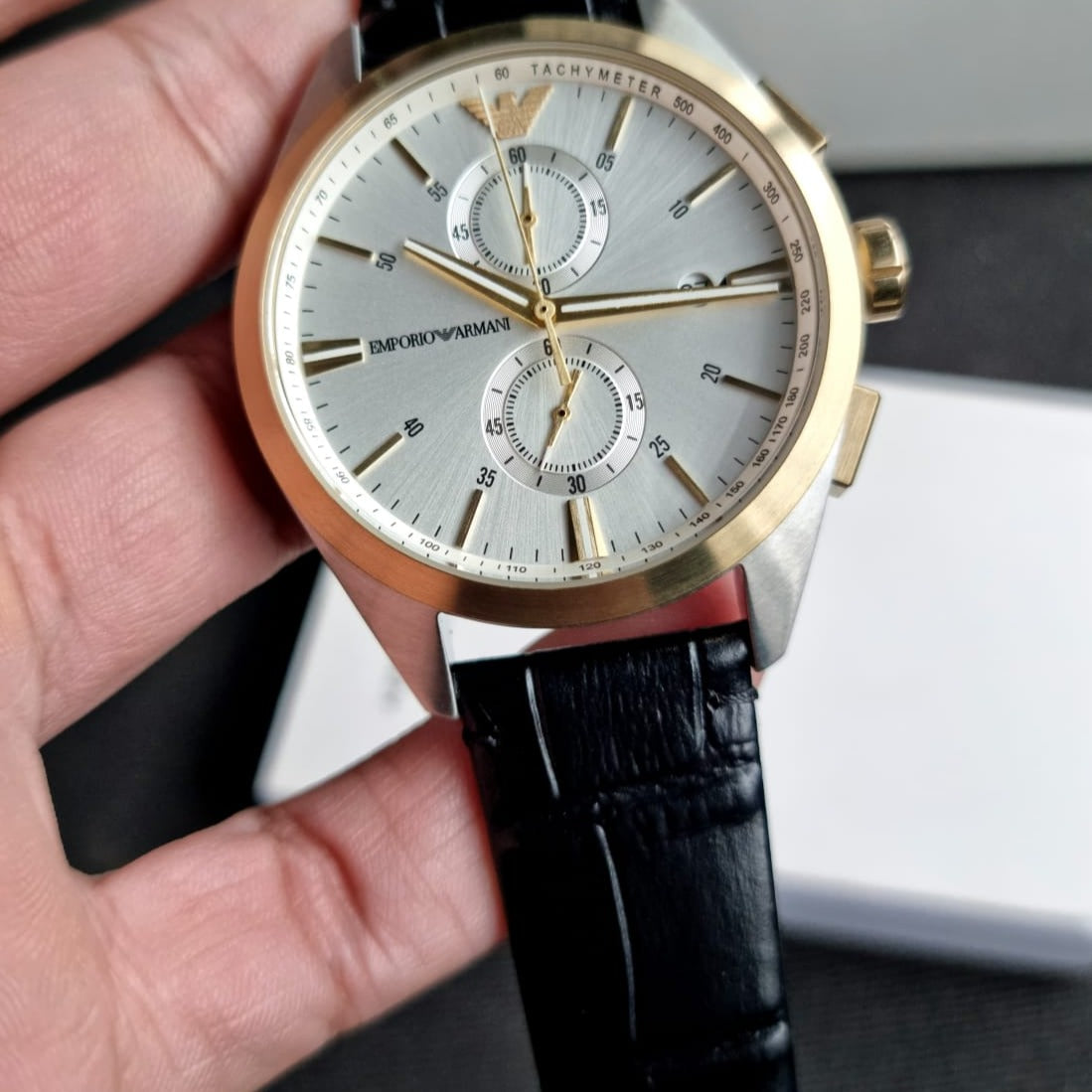  Shop Authentic Emporio Armani Claudio Chronograph Silver Dial Black Leather Strap Watch For Men - AR11498 - Luxxuri