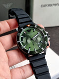  Shop Authentic Emporio Armani Diver Chronograph Quartz Green Dial Black Silicon Strap Watch For Men - AR11463 - Luxxuri