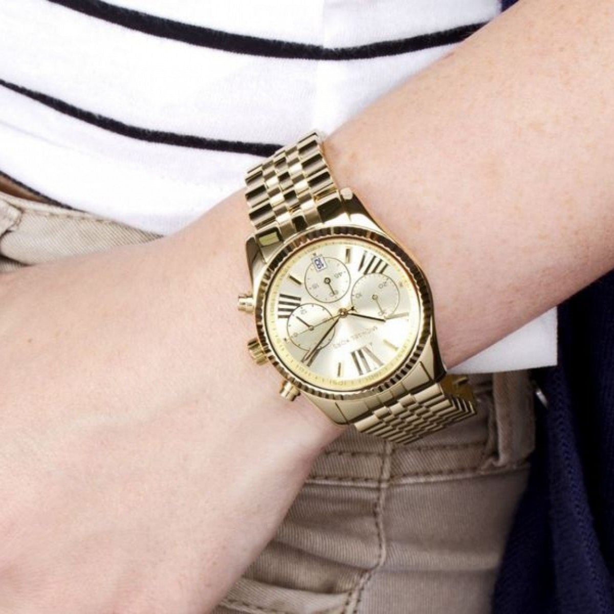 Michael Kors Lexington Chronograph Gold Dial Gold Steel Strap Watch for Women - MK5556