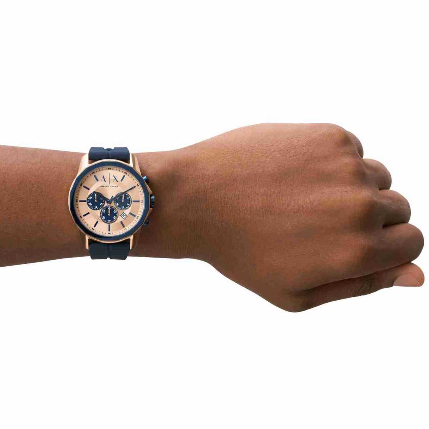  Shop Authentic Armani Exchange Hampton Chronograph Rose Gold Dial Blue Silicone Strap Watch For Men - AX1730 - Luxxuri
