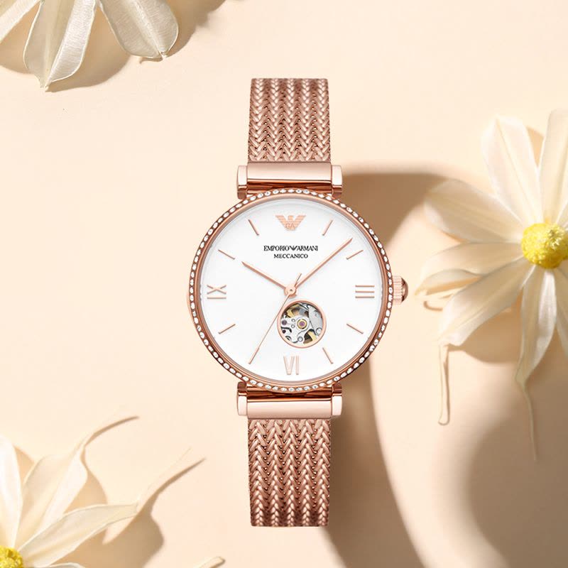  Shop Authentic Emporio Armani Meccanico Automatic White Dial Rose Gold Mesh Strap Watch For Women - AR60063 - Luxxuri