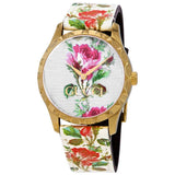  Shop Authentic Gucci G Timeless Floral Gold Dial White Leather Strap Watch For Women - YA1264084 - Luxxuri