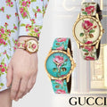 Gucci G Timeless Floral Gold Dial White Leather Strap Watch For Women - YA1264084