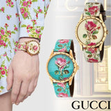  Shop Authentic Gucci G Timeless Floral Gold Dial White Leather Strap Watch For Women - YA1264084 - Luxxuri