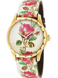  Shop Authentic Gucci G Timeless Floral Gold Dial White Leather Strap Watch For Women - YA1264084 - Luxxuri