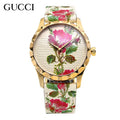 Gucci G Timeless Floral Gold Dial White Leather Strap Watch For Women - YA1264084