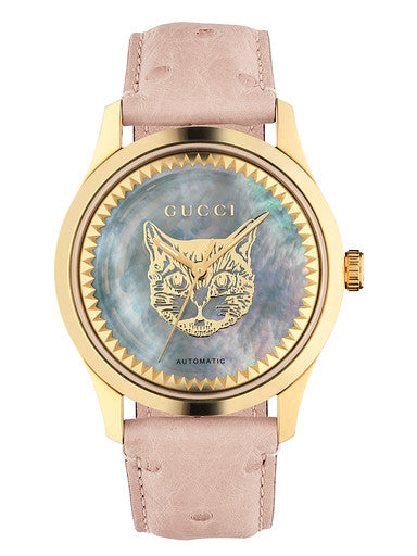  Shop Authentic Gucci G Timeless Skeleton 16K Gold Mother of Pearl Dial Pink Leather Strap Watch For Women - YA1264110 - Luxxuri