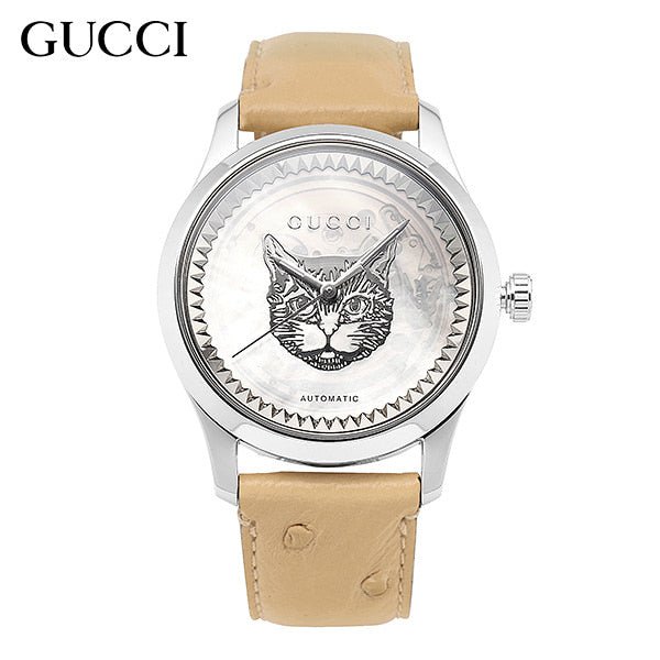  Shop Authentic Gucci G Timeless Automatic Mother of Pearl Dial Brown Leather Strap Watch For Women - YA1264112 - Luxxuri