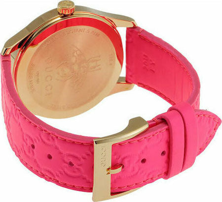  Shop Authentic Gucci G Timeless Quartz Pink Dial Pink Leather Strap Watch For Women - YA1264115 - Luxxuri