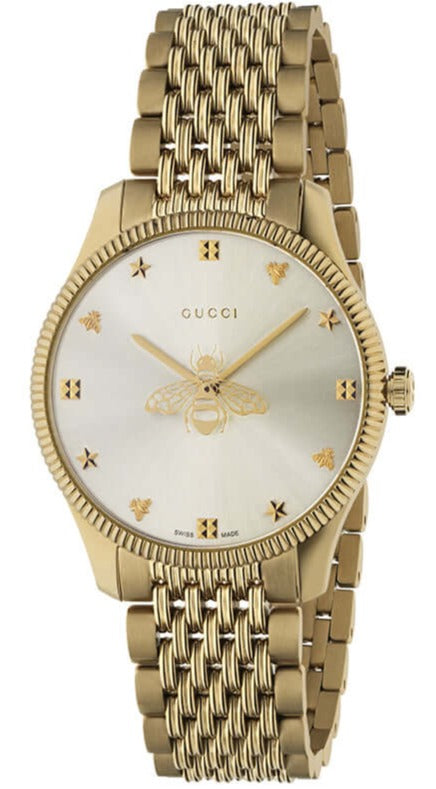  Shop Authentic Gucci G Timeless Quartz Silver Dial Gold Steel Strap Watch For Women - YA1264155 - Luxxuri