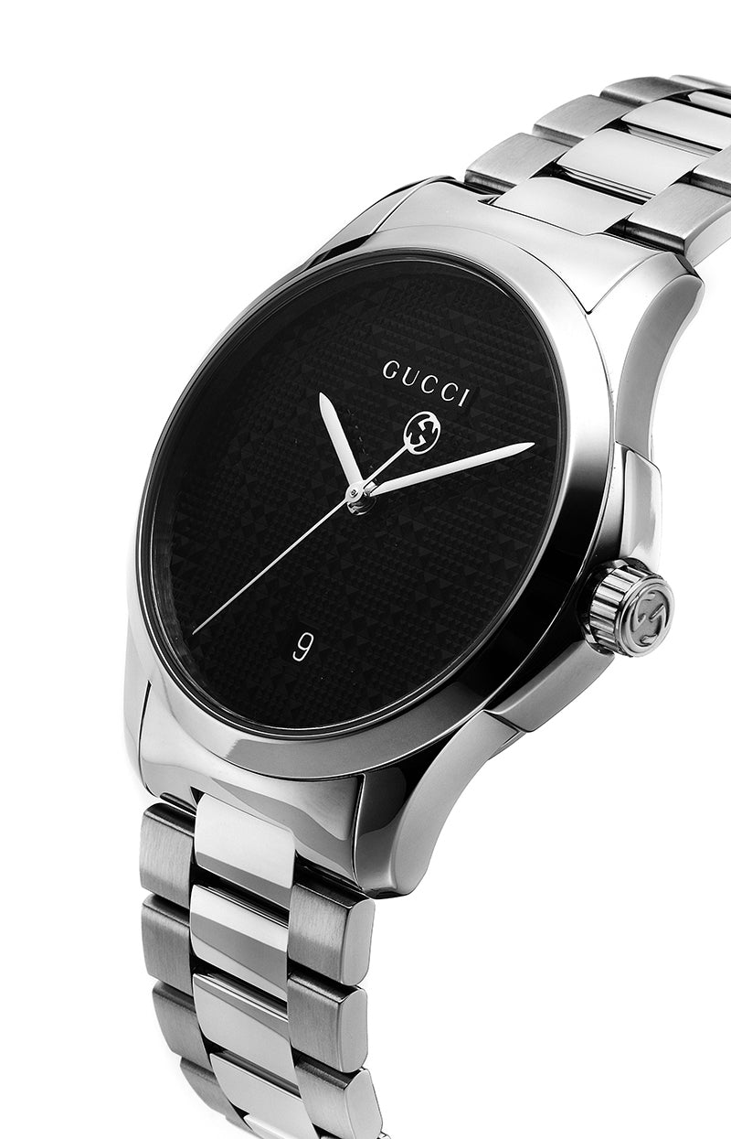 Gucci G Timeless Black Dial Silver Steel Strap Watch For Men - YA126460